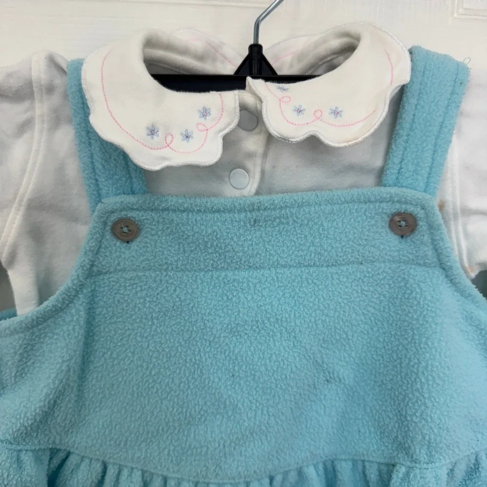 Vintage OshKosh B'Gosh Overall Dress Floral Baby Blue Ruffle Top Long Sleeve